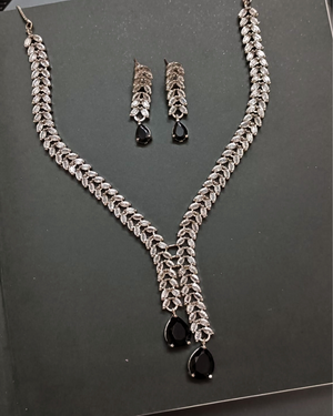 Silver Leaf CZ Necklace Set with Black Drops