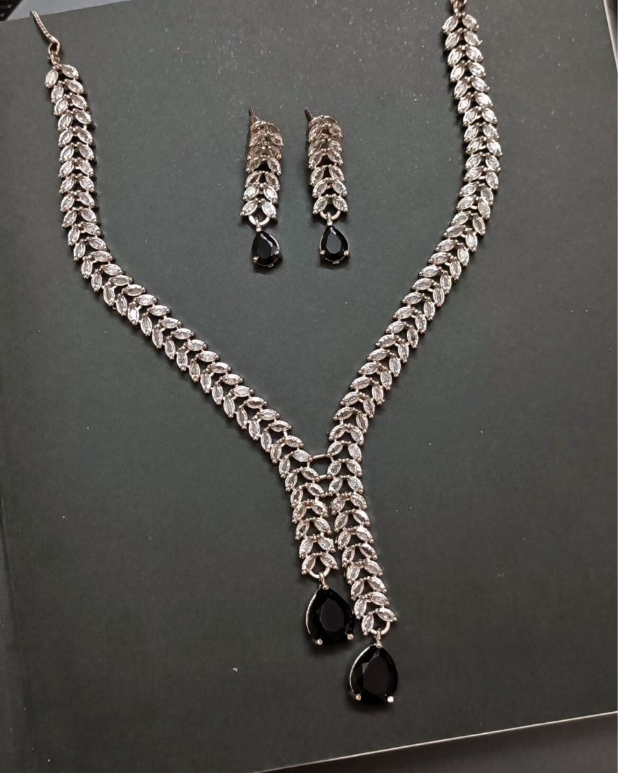 Silver Leaf CZ Necklace Set with Black Drops