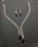 Silver Leaf CZ Necklace Set with Black Drops